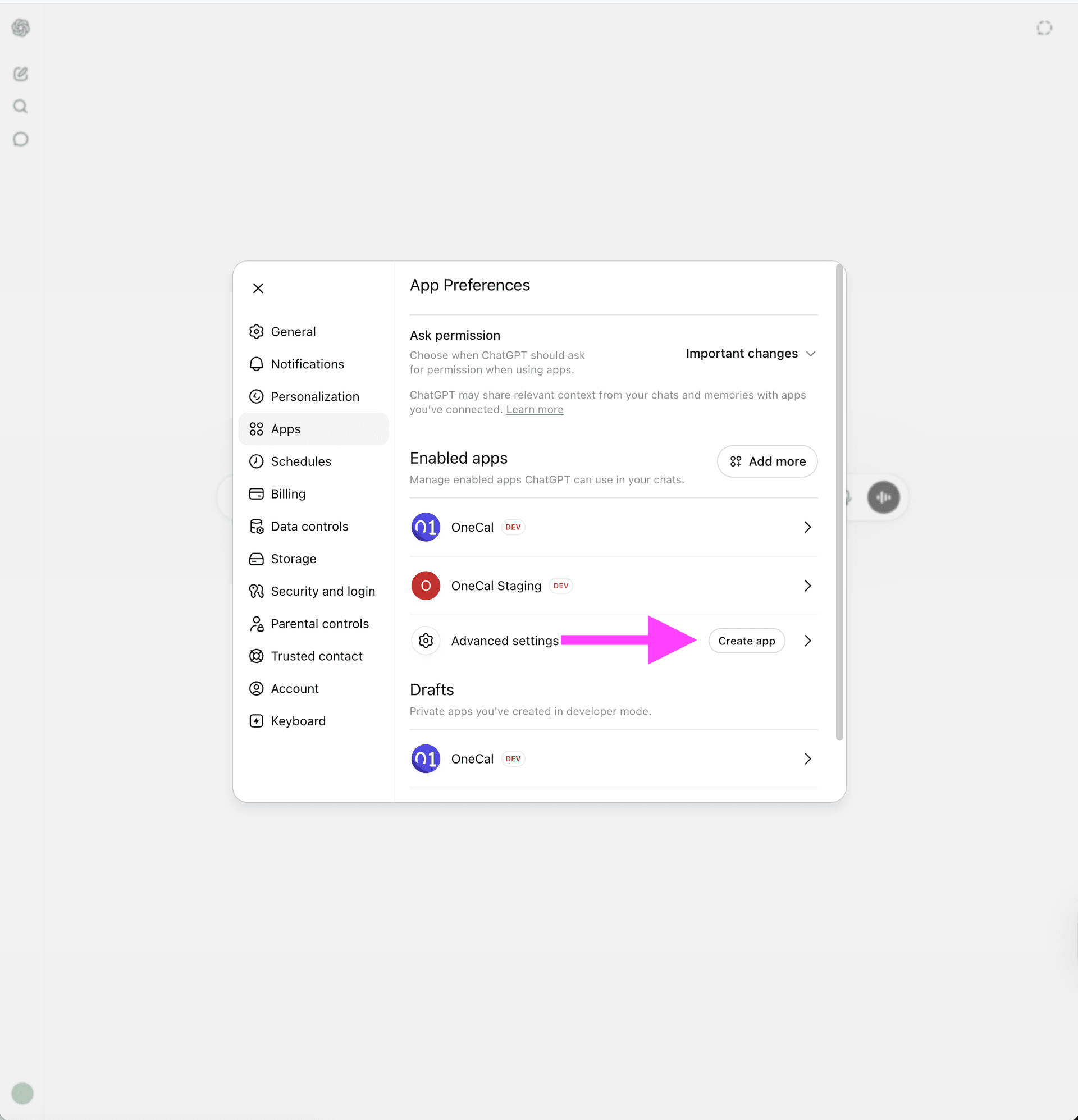 ChatGPT App-Einstellungen mit der Schaltfläche Create app neben Advanced settings