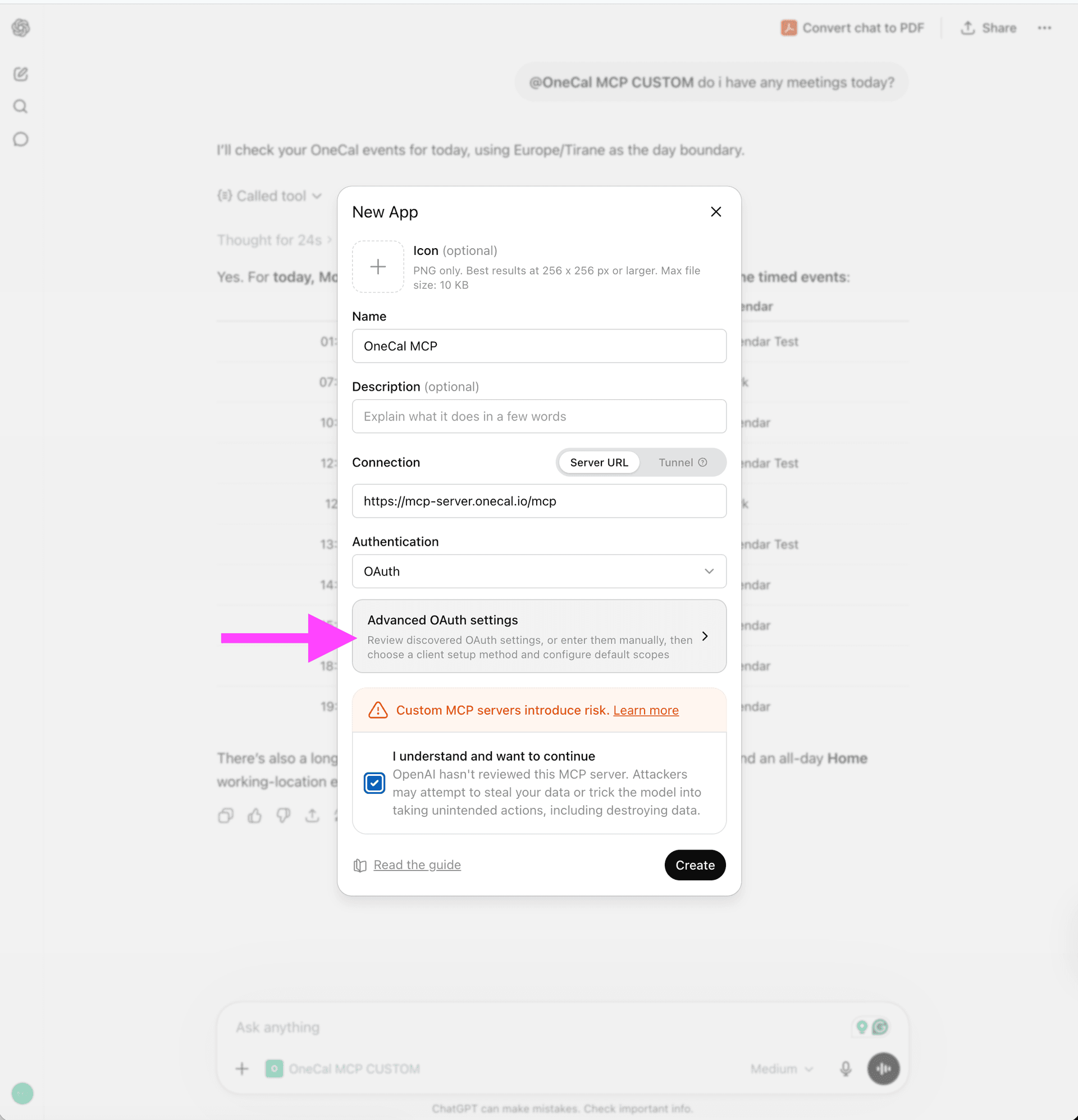 ChatGPT New App-Dialog mit der OneCal MCP-Server-URL, OAuth-Authentifizierung und Advanced OAuth settings