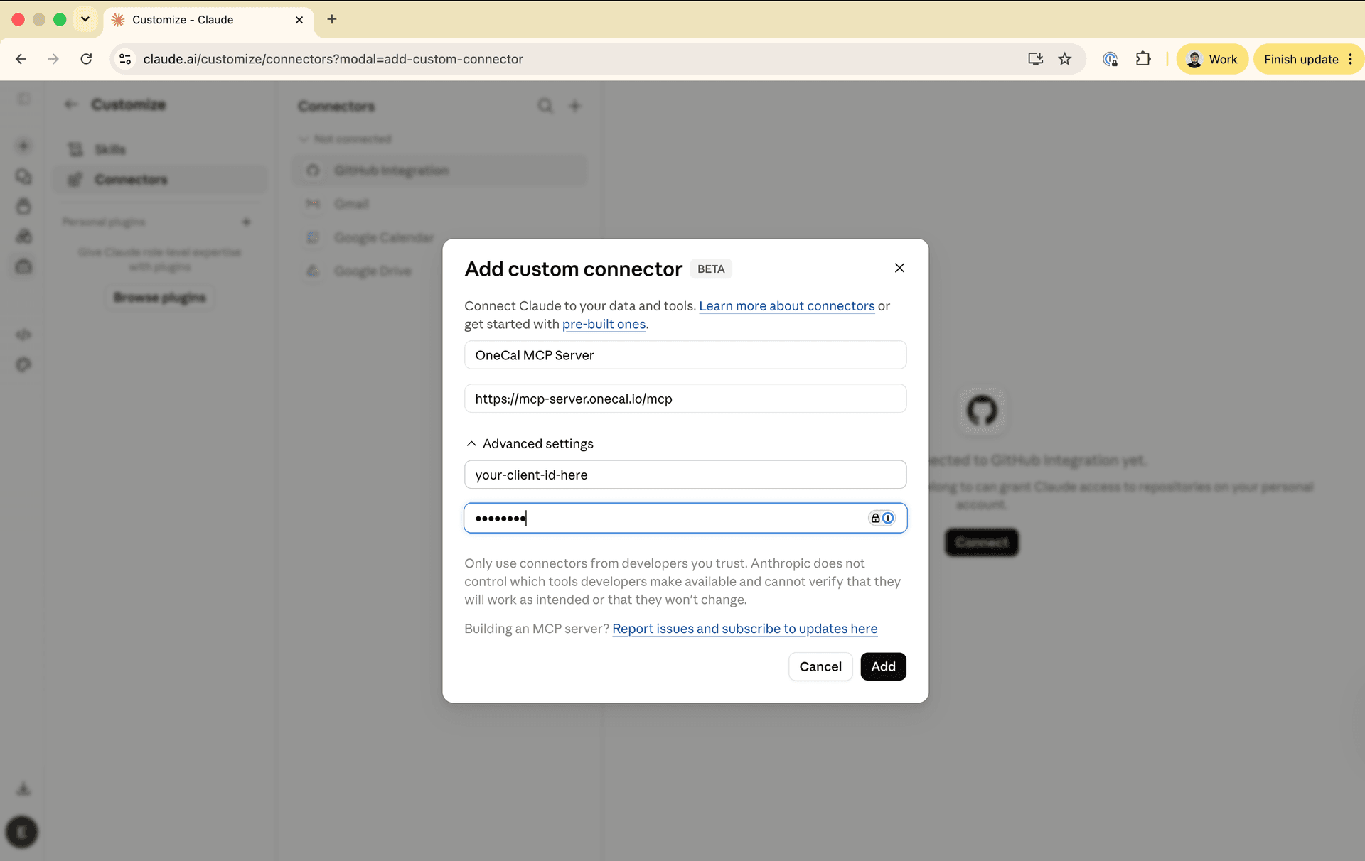 Claude Add custom connector-Dialog mit Name, MCP-Server-URL und Advanced settings mit Client ID und Client Secret