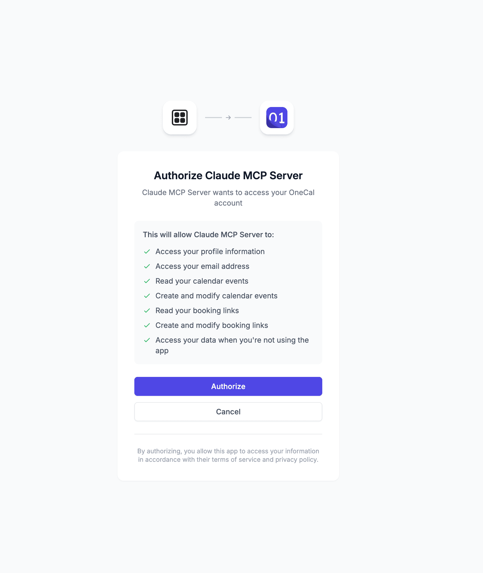 OneCal Authorize Claude MCP Server-Bildschirm mit Auflistung der angeforderten Berechtigungen