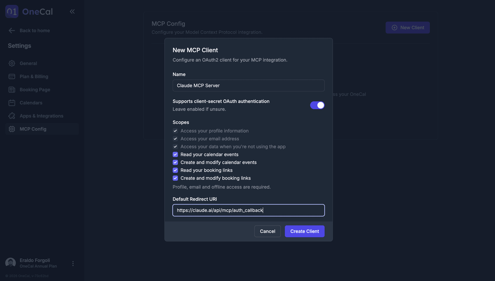 OneCal New MCP Client-Dialog mit Name, Scopes und der Redirect-URI von Claude