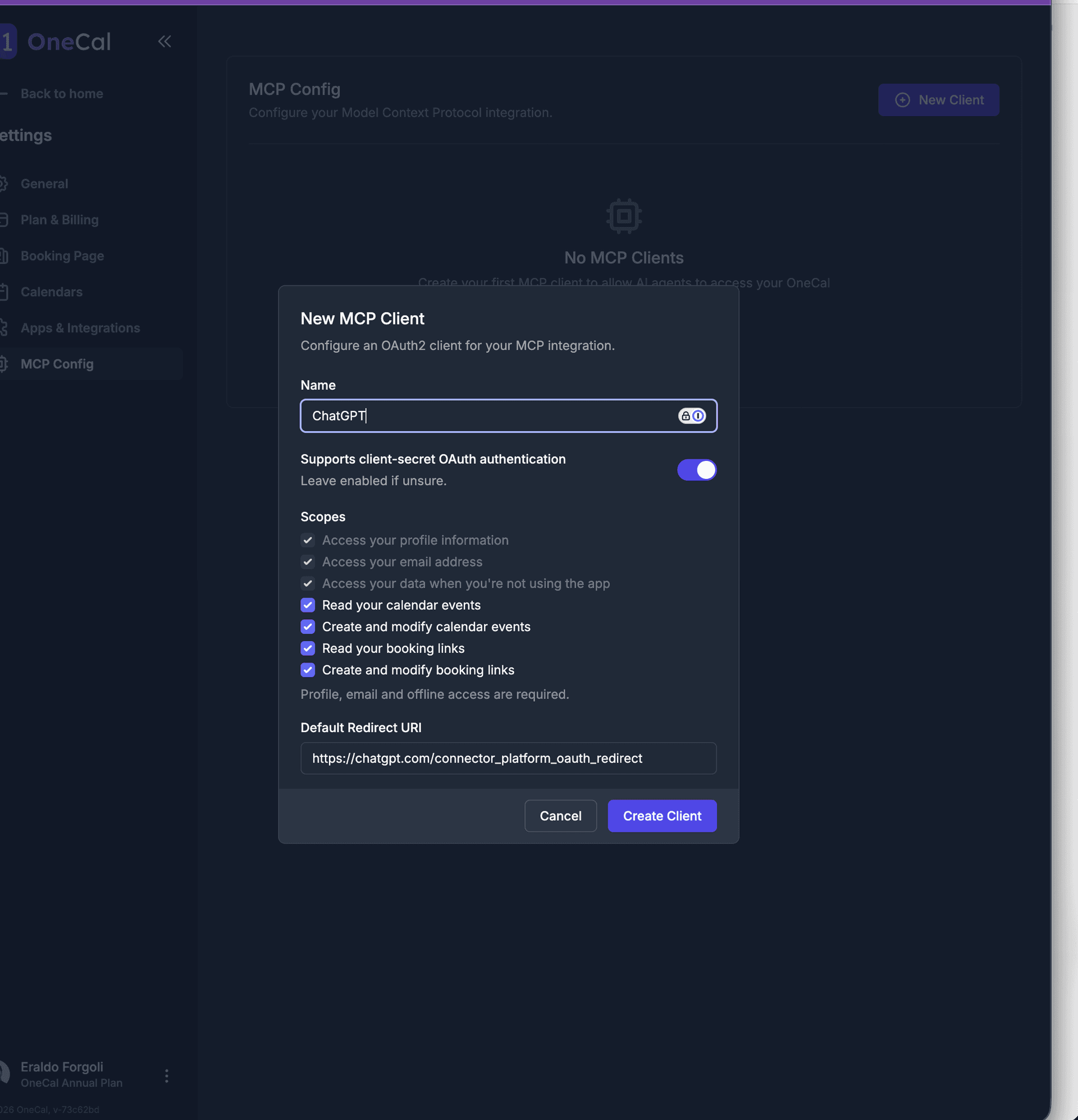 OneCal New MCP Client-Dialog mit Name, Scopes und Default Redirect URI